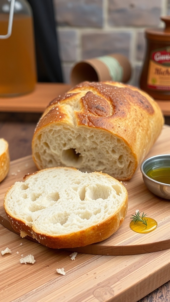 A golden-brown loaf of freshly baked bread sliced open, showcasing its soft texture, on a wooden board with olive oil.